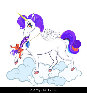 White pony unicorn with big eyes, golden horn, feather wings and purple mane, hooves on the cloud isolated on white background. Cute cartoon character Stock Photo