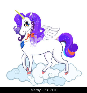 White pony unicorn with big eyes, golden horn, feather wings and violet hair, hooves on the cloud isolated on white background. Cute cartoon character Stock Photo