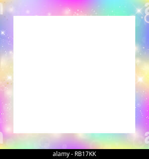 Magic border with rainbow mesh and space for text. Cute universe banner in princess colors. Fantasy gradient backdrop with hologram. Holographic magic Stock Photo