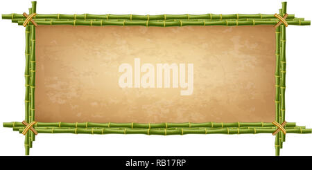 Wooden frame made of green bamboo sticks with higly detailed vintage paper blank or canvas. Worn papyrus template, old grungy poster with space for te Stock Photo