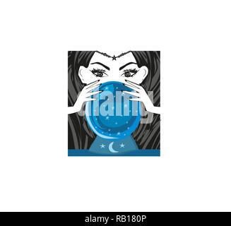 Fortune teller woman reading future on magical crystal ball Stock Vector