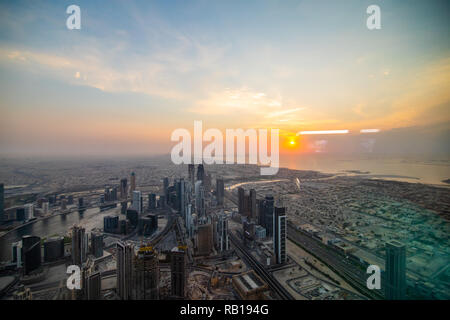 DUBAI, UAE - October, 2018: Top view of Dubai urban skyline from Burj Khalifa Stock Photo