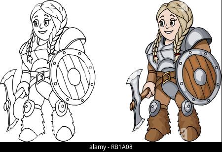 Female warrior with a shield and axe isolated on white background Stock Vector