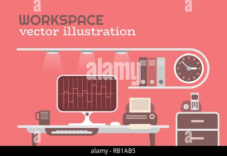 Flat style Workspace in an Office vector illustration. Designer desktop isolated on a red background. Stock Vector