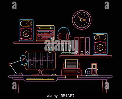 Neon colors on a black background Modern Workplace vector illustration. Stock Vector