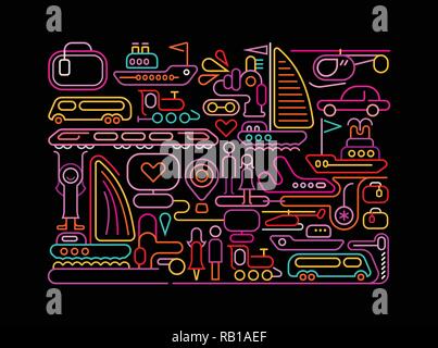 Neon colors on a black background Summer Travel vector illustration. Stock Vector