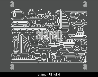 White color line art on a dark grey background Transport for Travel vector illustration. Stock Vector