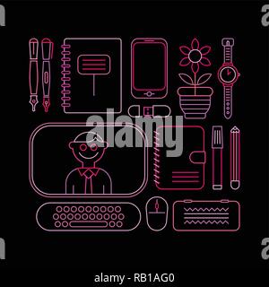 Neon colors on a black background Back to School vector illustration. Design of many various school supplies. Stock Vector