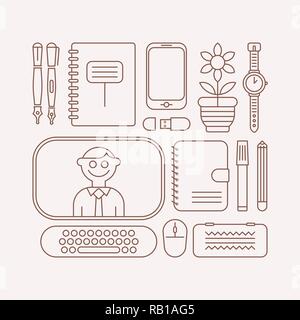 Line art image on a light background Workplace vector illustration. Design of many various school supplies. Stock Vector