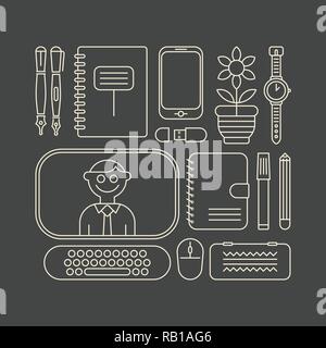 white outline on a dark grey background Back to School vector illustration. Composition of many various school supplies. Stock Vector