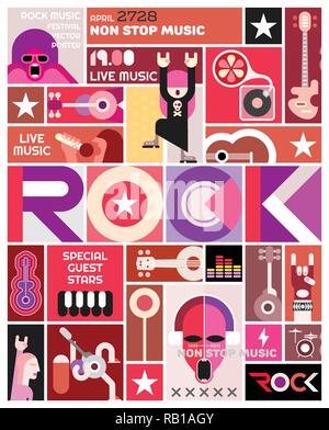 Rock concert poster vector template design. Art collage of many different pictures and text composition. Stock Vector