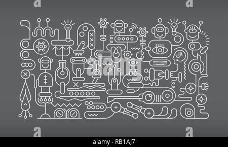 White line art on a dark grey background Robot Workshop vector illustration. Stock Vector