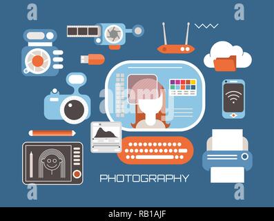 Photography and photo editing vector illustration. Set with professional photo equipment, computer, graphic tablet and printer, flat lay. Stock Vector