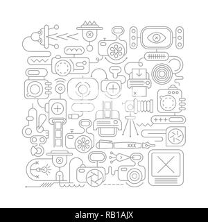 Grey line art on a white background photo equipment vector illustration. Stock Vector