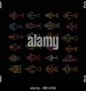 Neon colors on a black background Exotic Fish vector icon set. Stock Vector