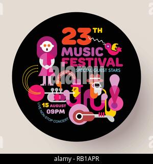 Bright colors on a round shape black background Music Festival vector template design. People playing musical instruments and woman sing a song. Stock Vector