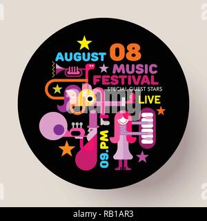 Bright colors on a black background Music Festival vector template design. People playing musical instruments. Round shape illustration. Stock Vector