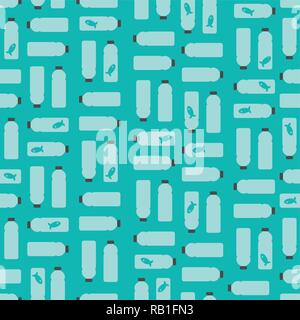 Seamless Pattern: Death Fishes in Plastic Bottles on Light Blue Background. Stock Vector