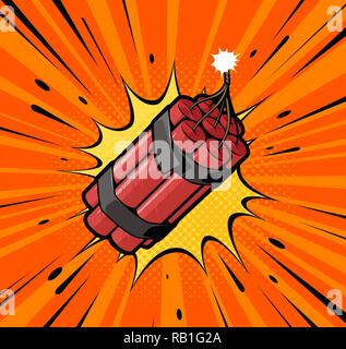 Dynamite bomb explosion with burning wick detonate. Retro pop art style. Cartoon comic vector illustration Stock Vector