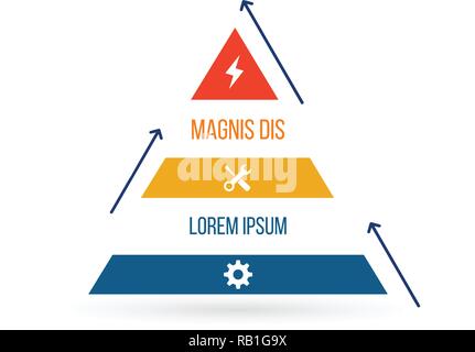 triangle infographic element. flat chart, diagram, scheme, graph with 3 steps and arrows, options, parts, processes with extra icons. vector illustrat Stock Vector