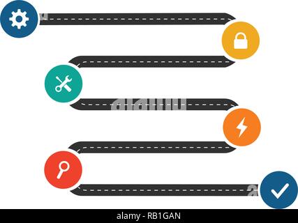 Business road map timeline infographic template with circles and icons, milestone modern diagram process technology digital marketing data presentatio Stock Vector
