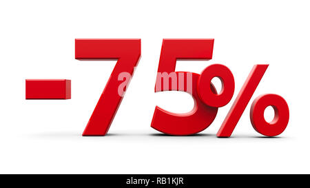Red minus seventy five percent sign isolated on white background, three-dimensional rendering, 3D illustration Stock Photo