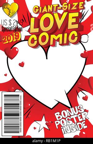 Editable Giant-Size Love Comic Book cover with hearts and other effects. Stock Vector