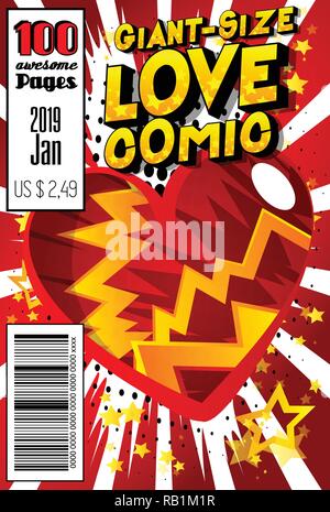Editable Giant-Size Love Comic Book cover with hearts and other effects. Stock Vector