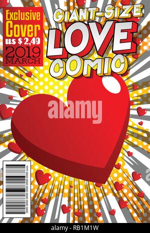 Editable Giant-Size Love Comic Book cover with hearts and other effects. Stock Vector