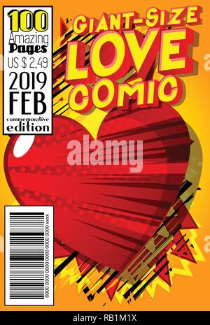 Editable Giant-Size Love Comic Book cover with hearts and other effects. Stock Vector