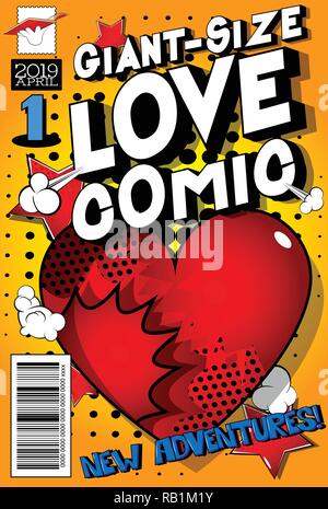Editable Giant-Size Love Comic Book cover with hearts and other effects. Stock Vector
