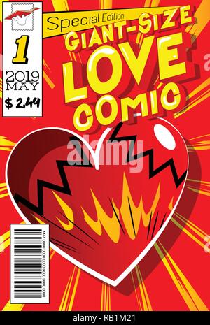 Editable Giant-Size Love Comic Book cover with hearts and other effects. Stock Vector