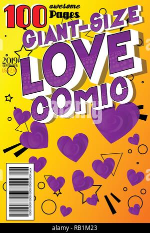 Editable Giant-Size Love Comic Book cover with hearts and other effects. Stock Vector