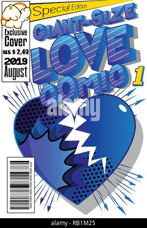 Editable Giant-Size Love Comic Book cover with hearts and other effects. Stock Vector
