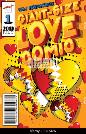 Editable Giant-Size Love Comic Book cover with hearts and other effects. Stock Vector