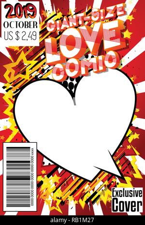 Editable Giant-Size Love Comic Book cover with hearts and other effects. Stock Vector
