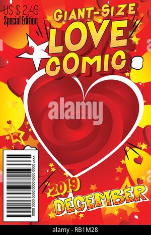 Editable Giant-Size Love Comic Book cover with hearts and other effects. Stock Vector