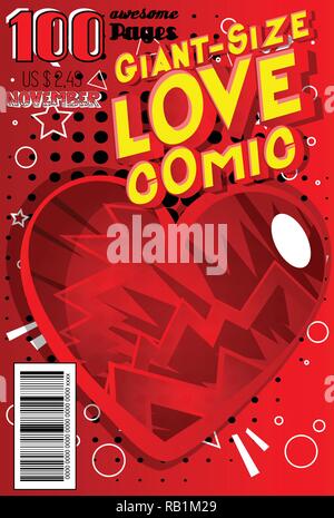 Editable Giant-Size Love Comic Book cover with hearts and other effects. Stock Vector
