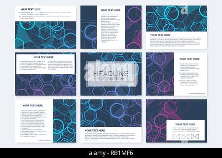 Big set of vector templates for presentation slides. Modern graphic background structure molecule and communication. Scientific pattern atom DNA. Medical, science, chemistry design. Stock Vector