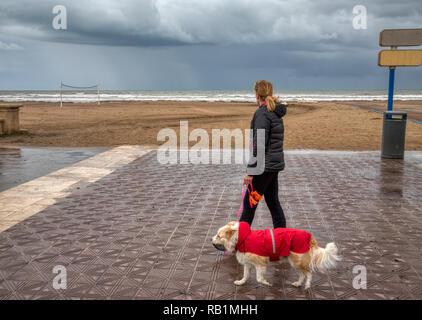 A blonde woman walking a dog in a bright red raincoat on a stormy day at a beach on the boardwalk with the sand, the waves and the cloudy sky in the d Stock Photo