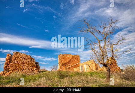 A landscape photo with a single dead tree and the ruins of an old farm house in the middle of a dry grassy area with a blue sky and white clouds above Stock Photo