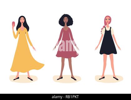 Three young beautiful girls Full length fashion model woman portrait standing wearing trendy cute clothes Stock Vector