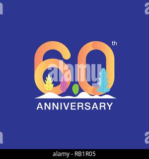 60 years anniversary celebration logotype. Multicolor number with modern leaf and snow background. Design for booklet, leaflet, magazine, brochure, po Stock Vector