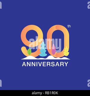 90 years anniversary celebration logotype. Multicolor number with modern leaf and snow background. Design for booklet, leaflet, magazine, brochure, po Stock Vector
