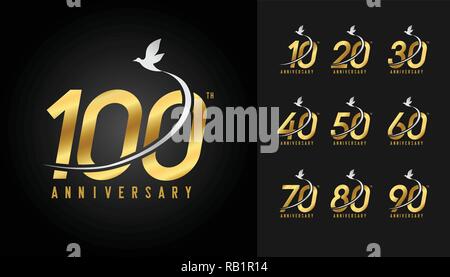 Set of anniversary logotype. Golden anniversary celebration with flying bird. Design for company profile, booklet, leaflet, magazine, brochure poster, Stock Vector