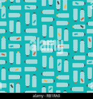 Seamless Pattern: Death Fishes in Plastic Bottles on Light Blue Background. Stock Vector