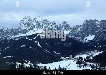 Italy, Dolomiti di Sesto (Dolomites of Sesto), aerial view of Puster valley, Sesto houses, the Croda Rossa, the Croda dei Toni and the Tre Scarperi mo Stock Photo