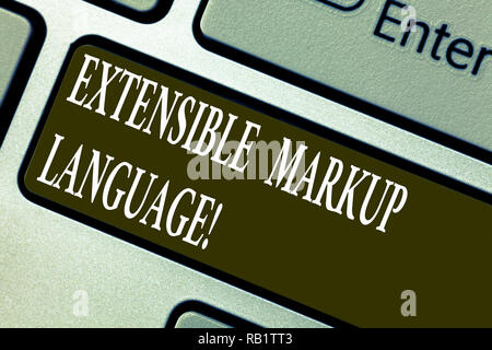 Handwriting text writing Extensible Markup Language. Concept meaning computer language that use tag to define element Keyboard key Intention to create Stock Photo