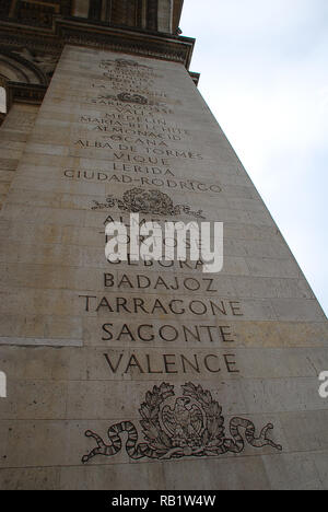 Triumphal arch, Paris: A list of French victories is engraved under the great arches on the inside facades of the monument Stock Photo