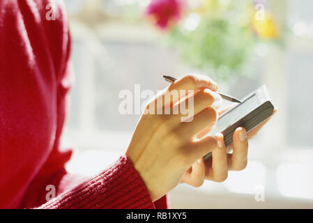 2001 Image of a young businesswoman using a personal digital assistant, USA Stock Photo